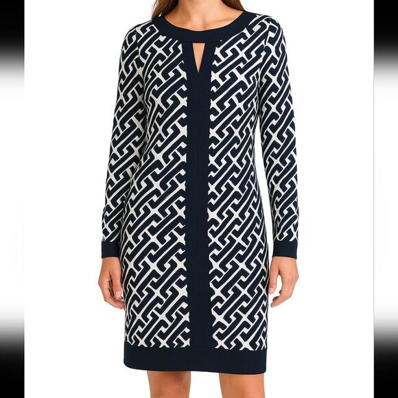 INC International Concepts Navy and White Geo Long Sleeve Stretch Dress - Medium - Picture 1 of 16